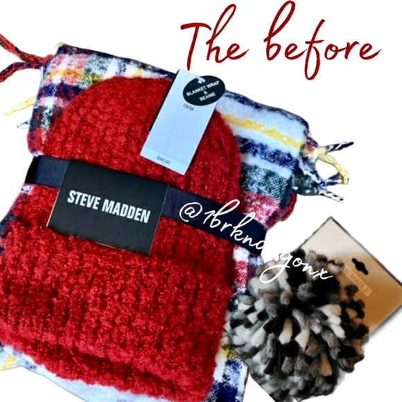 Steve Madden Holiday Gift Set Beanie Hat & Blanket Plaid Scarf Upgraded Lux Pom - Picture 12 of 14